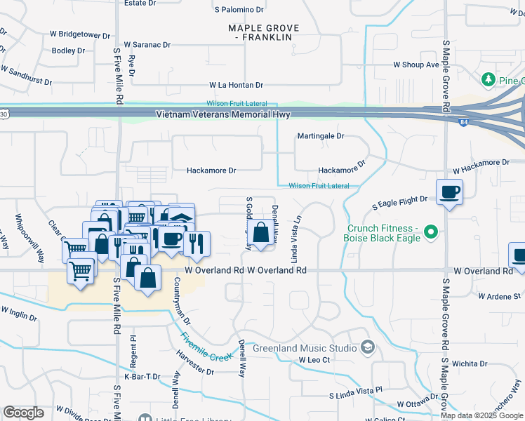 map of restaurants, bars, coffee shops, grocery stores, and more near 1320 South Goldking Way in Boise
