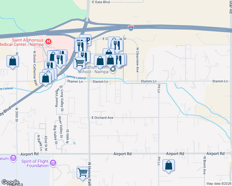 map of restaurants, bars, coffee shops, grocery stores, and more near 4921 Stamm Lane in Nampa