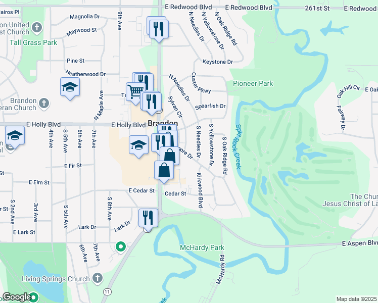 map of restaurants, bars, coffee shops, grocery stores, and more near 1404 Rushmore Drive in Brandon