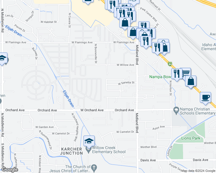 map of restaurants, bars, coffee shops, grocery stores, and more near 1315 West Sanetta Street in Nampa