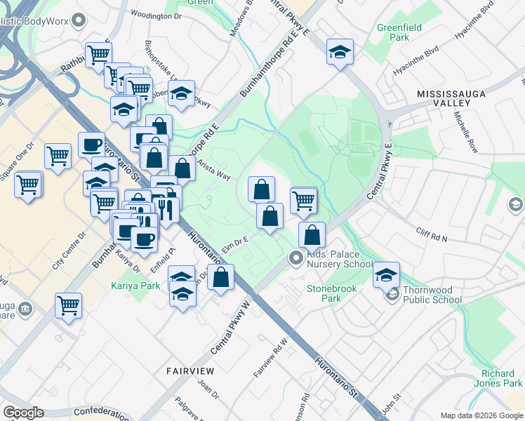 map of restaurants, bars, coffee shops, grocery stores, and more near 1547 Mississauga Valley Boulevard in Mississauga