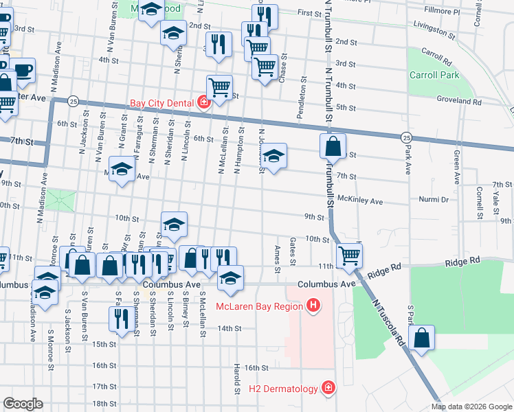map of restaurants, bars, coffee shops, grocery stores, and more near 1719 9th Street in Bay City