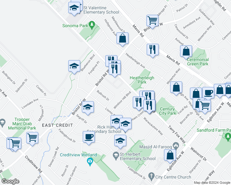 map of restaurants, bars, coffee shops, grocery stores, and more near 5329 Bullrush Drive in Mississauga
