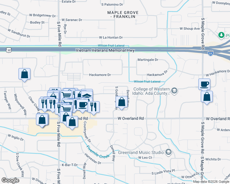 map of restaurants, bars, coffee shops, grocery stores, and more near 10030 West Smoke Ranch Drive in Boise