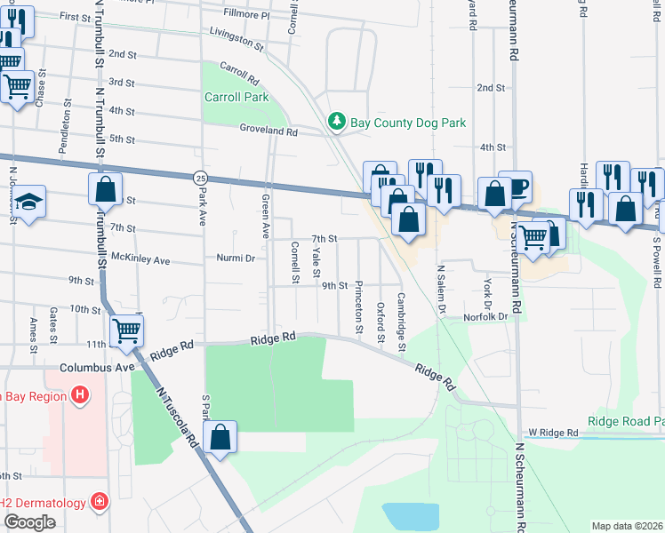 map of restaurants, bars, coffee shops, grocery stores, and more near 409 Harvard Street in Bay City