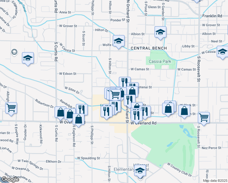 map of restaurants, bars, coffee shops, grocery stores, and more near 1245 South Security Lane in Boise