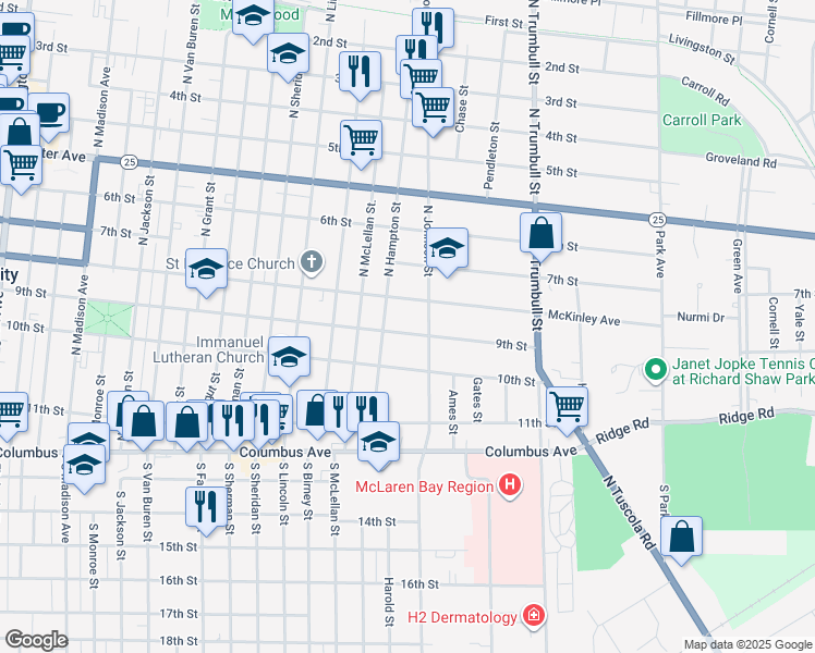 map of restaurants, bars, coffee shops, grocery stores, and more near 1719 9th Street in Bay City