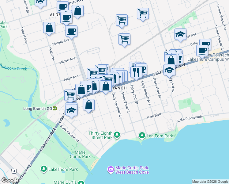 map of restaurants, bars, coffee shops, grocery stores, and more near 87 Thirty Seventh Street in Toronto