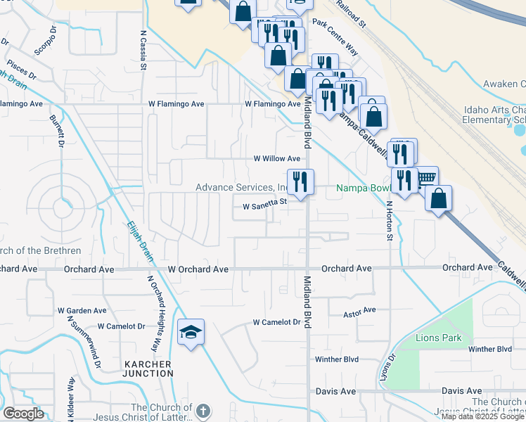 map of restaurants, bars, coffee shops, grocery stores, and more near 1215 West Sanetta Street in Nampa