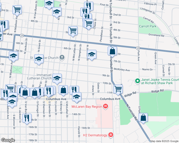 map of restaurants, bars, coffee shops, grocery stores, and more near 404 North Johnson Street in Bay City