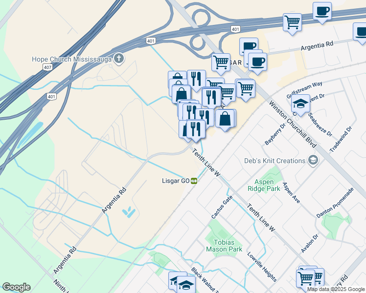 map of restaurants, bars, coffee shops, grocery stores, and more near 7564 Tenth Line W in Mississauga