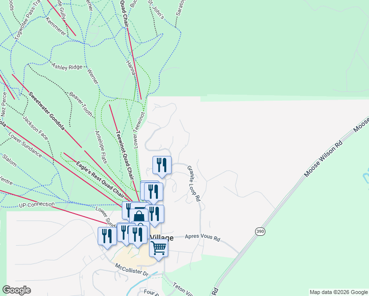 map of restaurants, bars, coffee shops, grocery stores, and more near 299 Lower Granite Ridge Rd in Teton Village