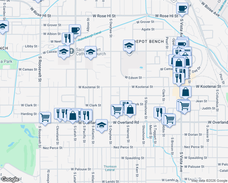 map of restaurants, bars, coffee shops, grocery stores, and more near 1206 South Owyhee Street in Boise