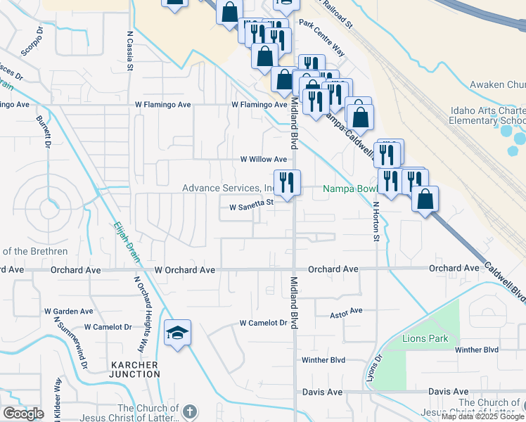 map of restaurants, bars, coffee shops, grocery stores, and more near 916 North Sifter Street in Nampa