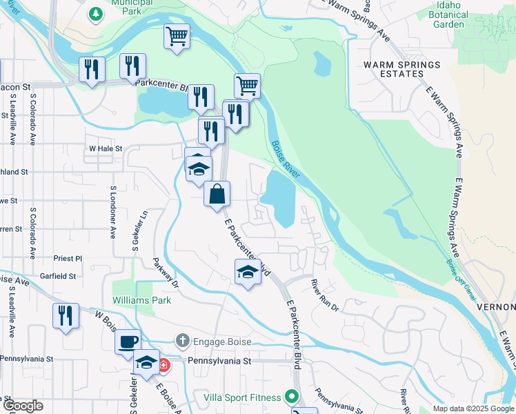 map of restaurants, bars, coffee shops, grocery stores, and more near 1604 South Loggers Pond Place in Boise