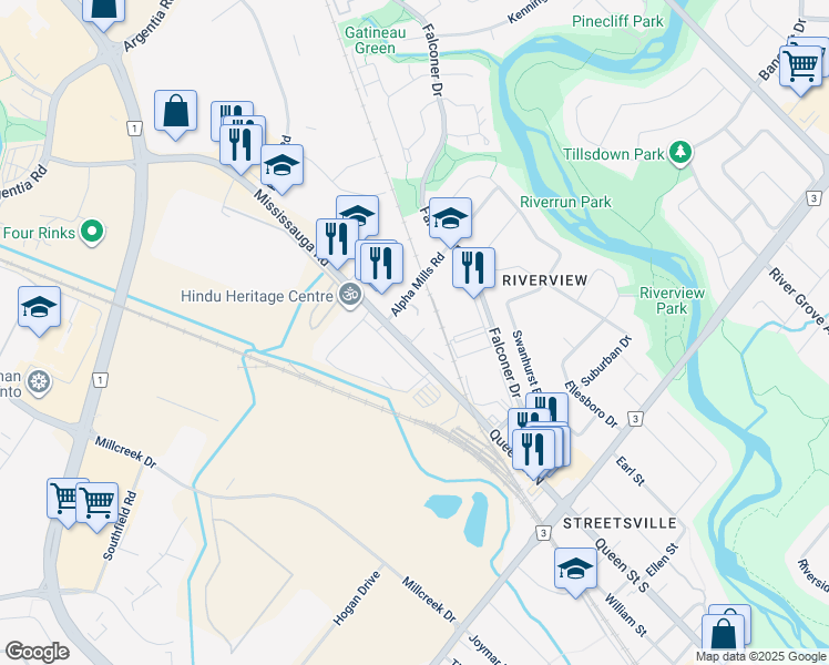 map of restaurants, bars, coffee shops, grocery stores, and more near in Mississauga
