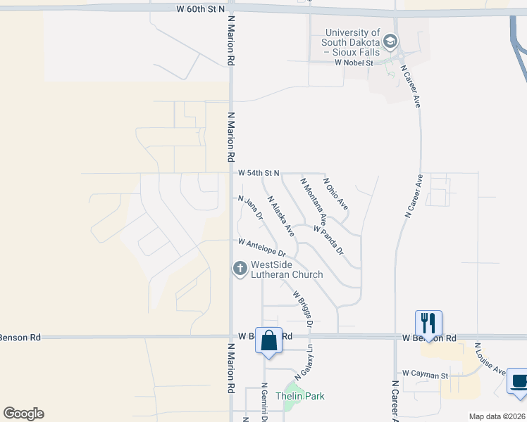 map of restaurants, bars, coffee shops, grocery stores, and more near 4200 North Jans Drive in Sioux Falls