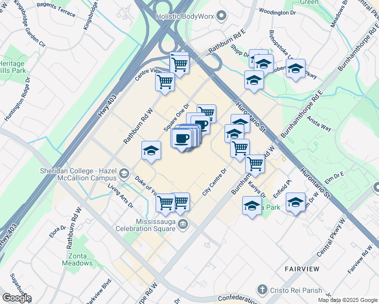 map of restaurants, bars, coffee shops, grocery stores, and more near 100 City Centre Drive in Mississauga