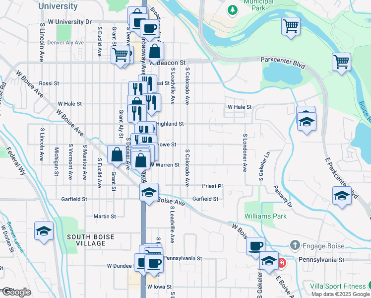map of restaurants, bars, coffee shops, grocery stores, and more near 1607 South Colorado Avenue in Boise