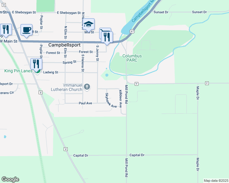 map of restaurants, bars, coffee shops, grocery stores, and more near 211 Killdeer Avenue in Campbellsport