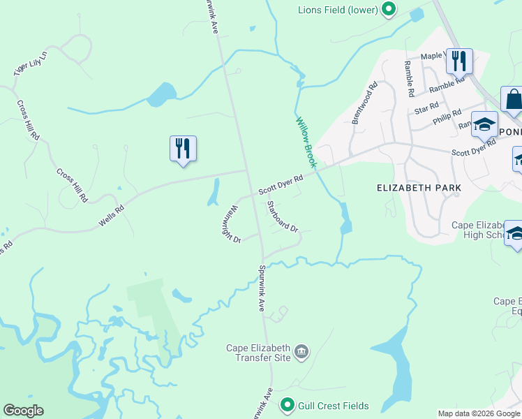 map of restaurants, bars, coffee shops, grocery stores, and more near 81 Starboard Drive in Cape Elizabeth