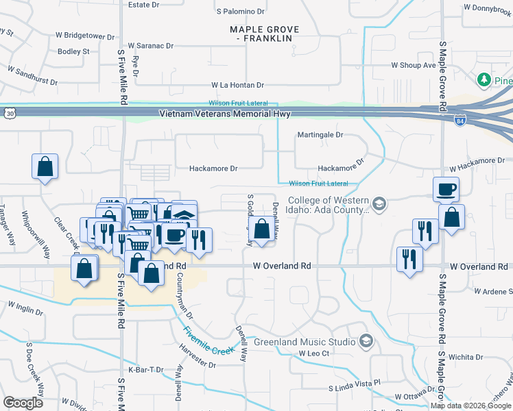 map of restaurants, bars, coffee shops, grocery stores, and more near 1320 South Goldking Way in Boise