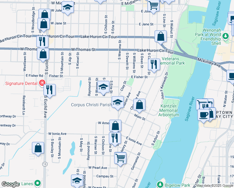 map of restaurants, bars, coffee shops, grocery stores, and more near 808 South Wenona Street in Bay City
