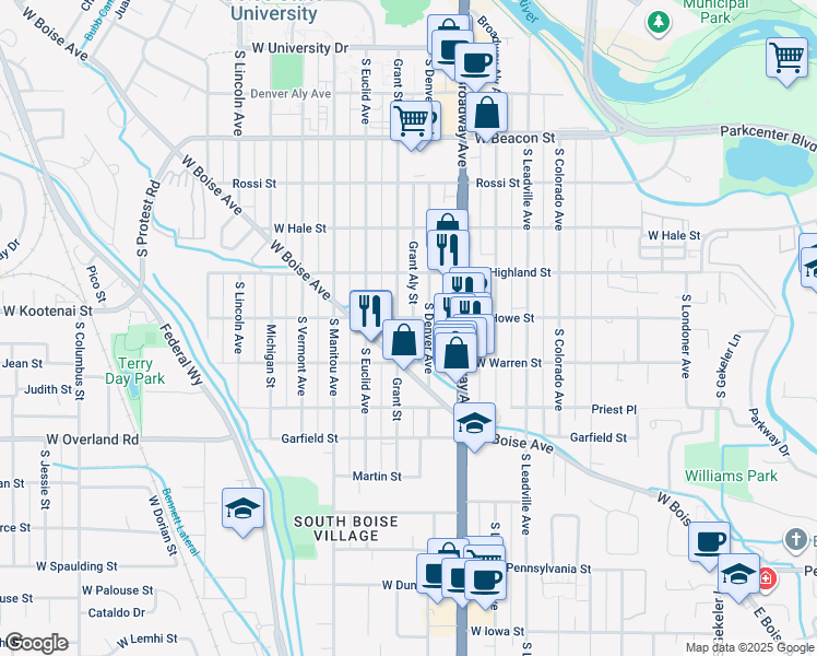 map of restaurants, bars, coffee shops, grocery stores, and more near 1618 South Grant Avenue in Boise
