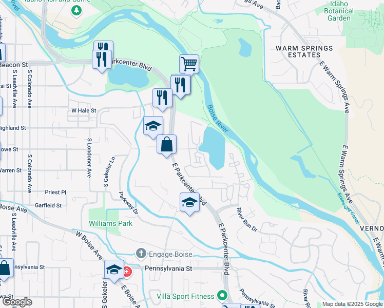 map of restaurants, bars, coffee shops, grocery stores, and more near 1604 South Loggers Pond Place in Boise