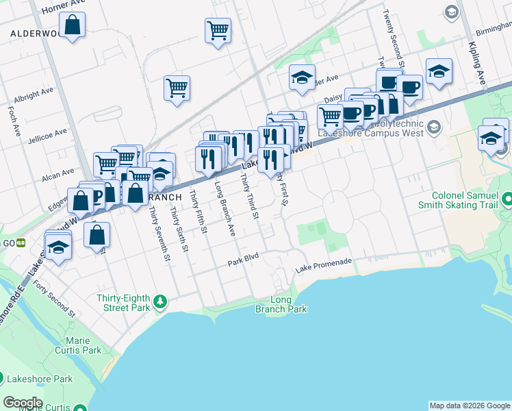 map of restaurants, bars, coffee shops, grocery stores, and more near 35 Thirty Third Street in Toronto