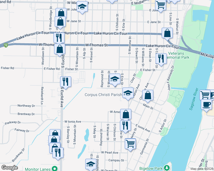 map of restaurants, bars, coffee shops, grocery stores, and more near 808 South Warner Street in Bay City