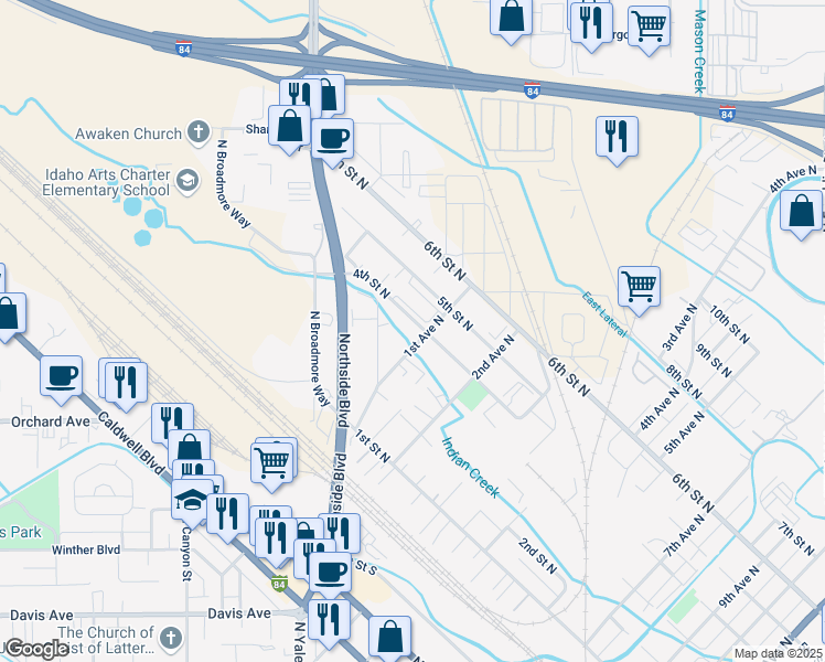map of restaurants, bars, coffee shops, grocery stores, and more near 91 4th Street North in Nampa