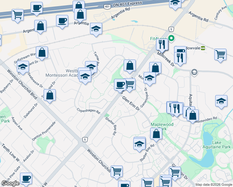 map of restaurants, bars, coffee shops, grocery stores, and more near 2301 Derry Road in Mississauga