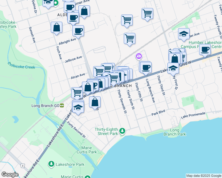 map of restaurants, bars, coffee shops, grocery stores, and more near 3717 Lake Shore Boulevard West in Toronto