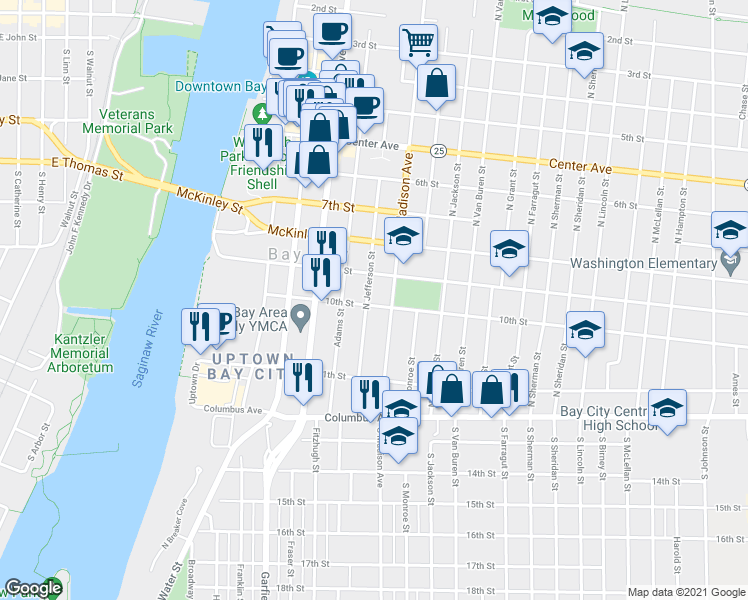 map of restaurants, bars, coffee shops, grocery stores, and more near 501 10th Street in Bay City