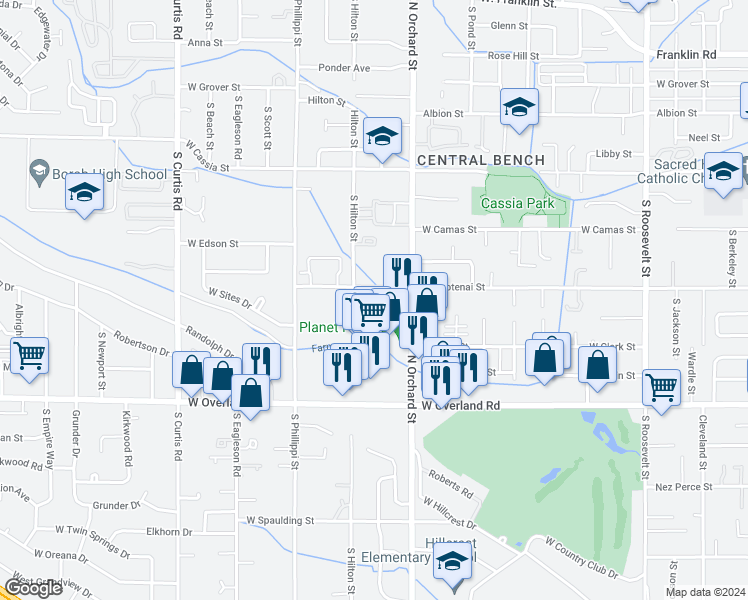 map of restaurants, bars, coffee shops, grocery stores, and more near 1242 South Security Lane in Boise