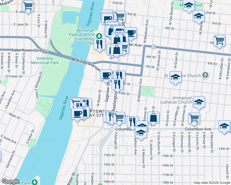 map of restaurants, bars, coffee shops, grocery stores, and more near 299 Washington Avenue in Bay City