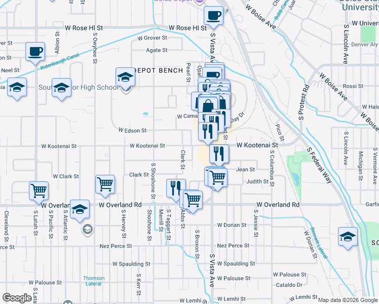 map of restaurants, bars, coffee shops, grocery stores, and more near 1205 South Broxon Street in Boise
