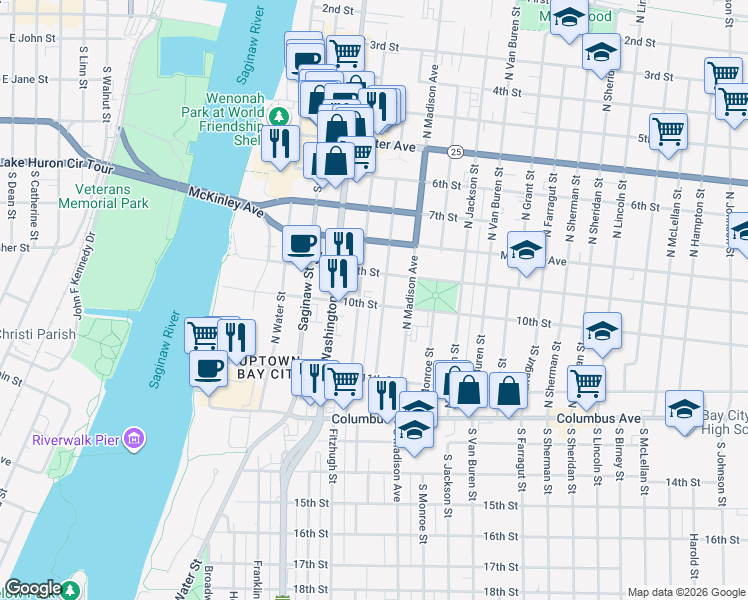 map of restaurants, bars, coffee shops, grocery stores, and more near 501 10th Street in Bay City