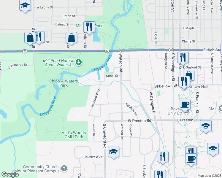 map of restaurants, bars, coffee shops, grocery stores, and more near 1105 Kent Drive in Mount Pleasant