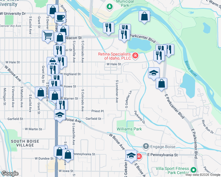 map of restaurants, bars, coffee shops, grocery stores, and more near 315 West Howe Street in Boise