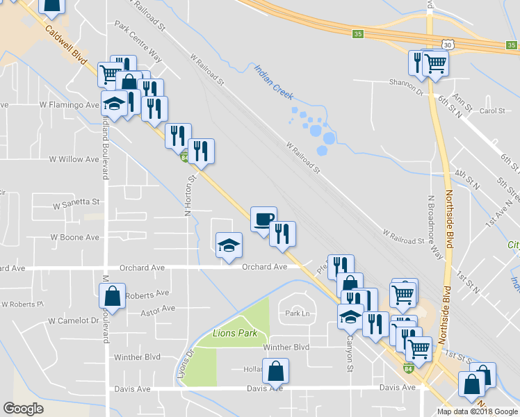 map of restaurants, bars, coffee shops, grocery stores, and more near 416 Caldwell Blvd in Nampa