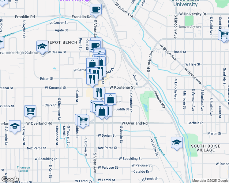map of restaurants, bars, coffee shops, grocery stores, and more near 2317 1/2 West Kootenai Street in Boise