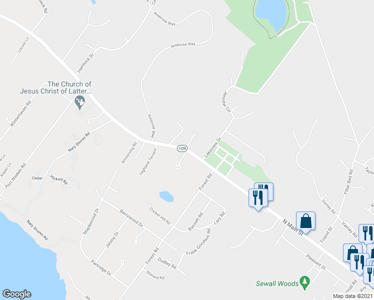 map of restaurants, bars, coffee shops, grocery stores, and more near 1 Farmhouse Road in Wolfeboro