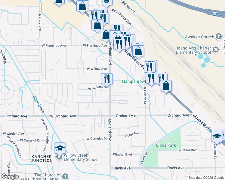 map of restaurants, bars, coffee shops, grocery stores, and more near 914 North Midland Boulevard in Nampa