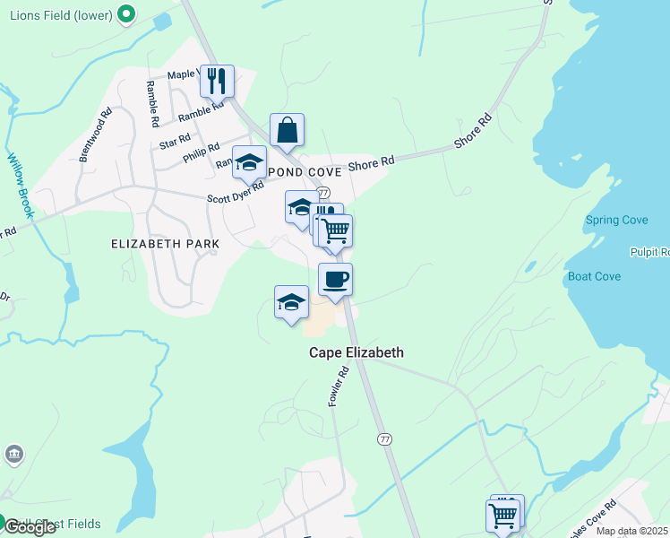 map of restaurants, bars, coffee shops, grocery stores, and more near 337b Ocean House Road in Cape Elizabeth