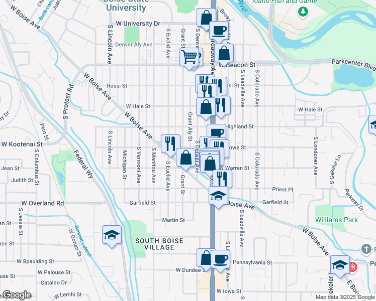 map of restaurants, bars, coffee shops, grocery stores, and more near 1618 South Grant Avenue in Boise