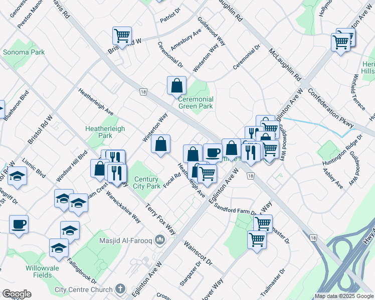 map of restaurants, bars, coffee shops, grocery stores, and more near 833 Scollard Court in Mississauga