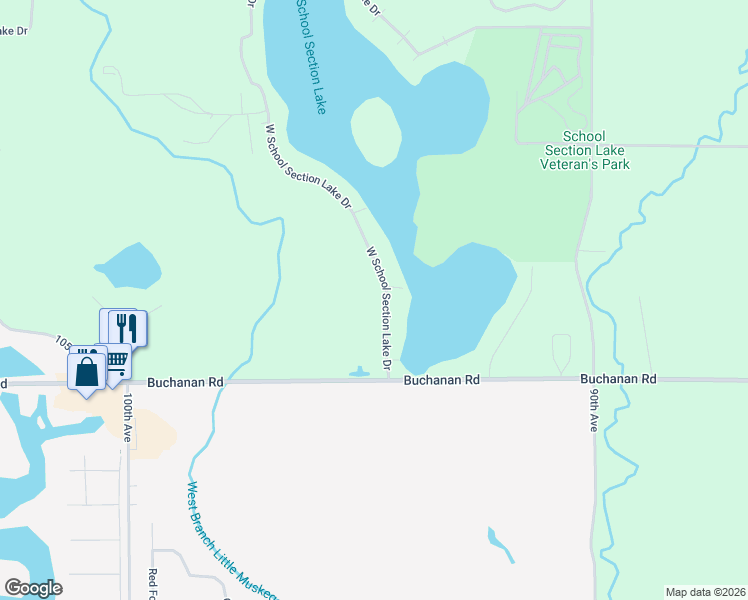 map of restaurants, bars, coffee shops, grocery stores, and more near 8690 West Sch Sec Lake Drive in Mecosta