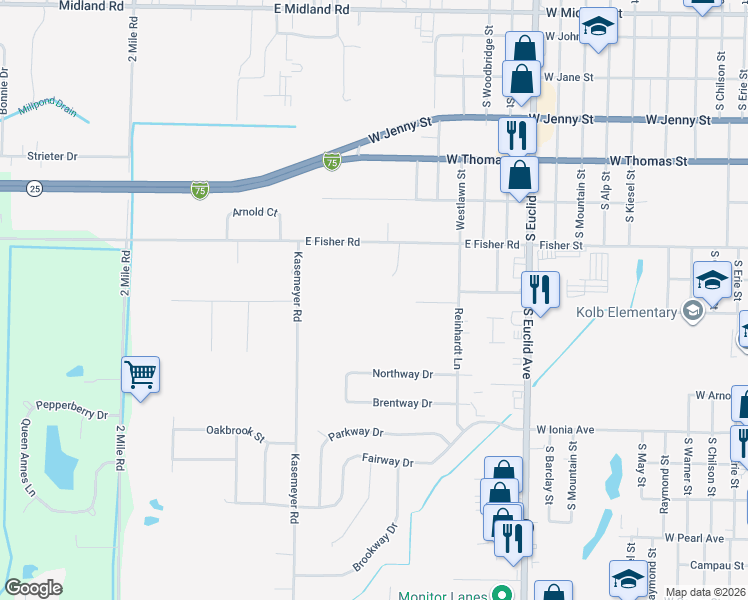 map of restaurants, bars, coffee shops, grocery stores, and more near 3349 Grande Court in Bay City